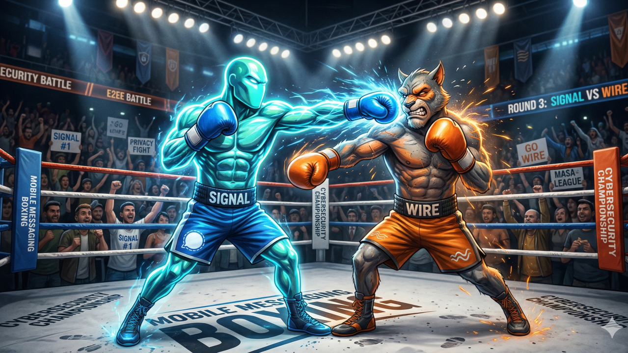 Signal vs Wire — two boxers representing the security comparison between the two messaging apps.