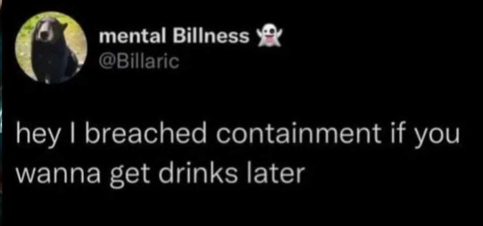 mental Billness
 @Billaric
hey I breached containment if you
wanna get drinks later

