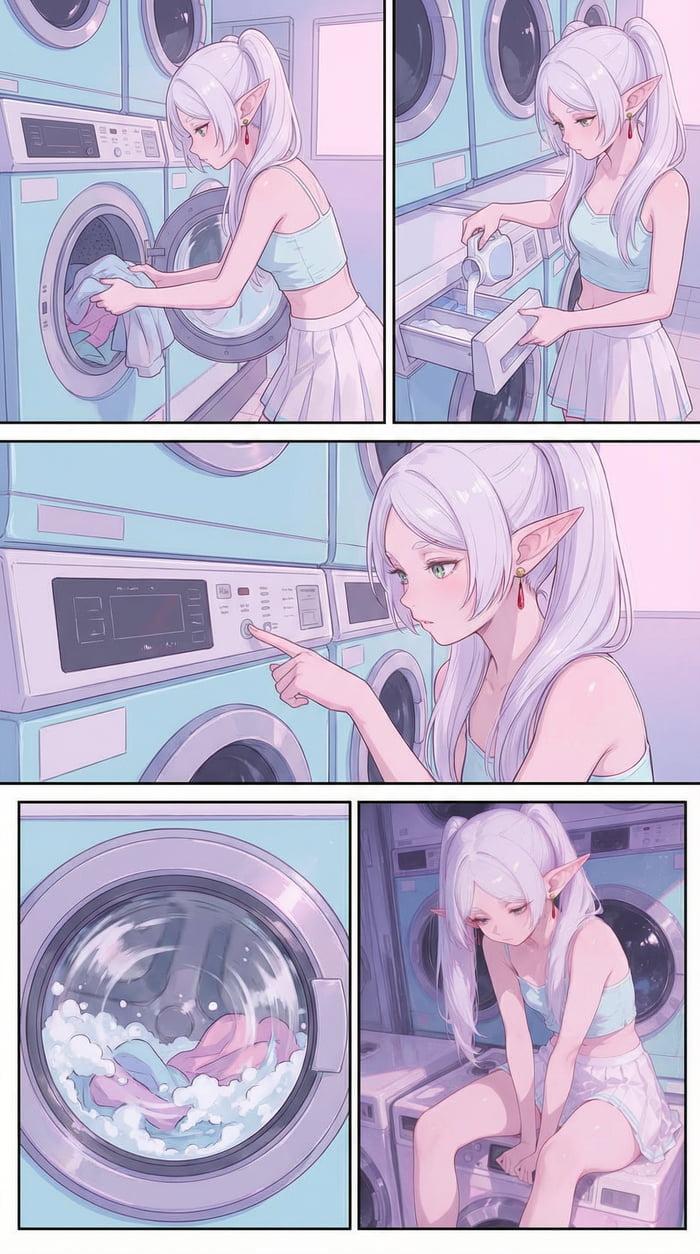 Frieren putting her laundry and laundry detergent in the washing machine, then starting it and sitting on it while it runs