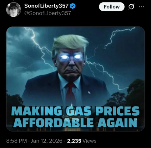 The image is a screenshot of a social media post, likely from Twitter. At the top, it shows the profile of "SonofLiberty357" with a verified blue checkmark and the handle "@SonofLiberty357". A "Follow" button is visible to the right.

The main content of the post is a digitally altered image of Donald Trump. He is depicted from the chest up, wearing a dark suit, white shirt, and red tie. His expression is stern, and his eyes are glowing with an intense blue-white light, reminiscent of laser eye…