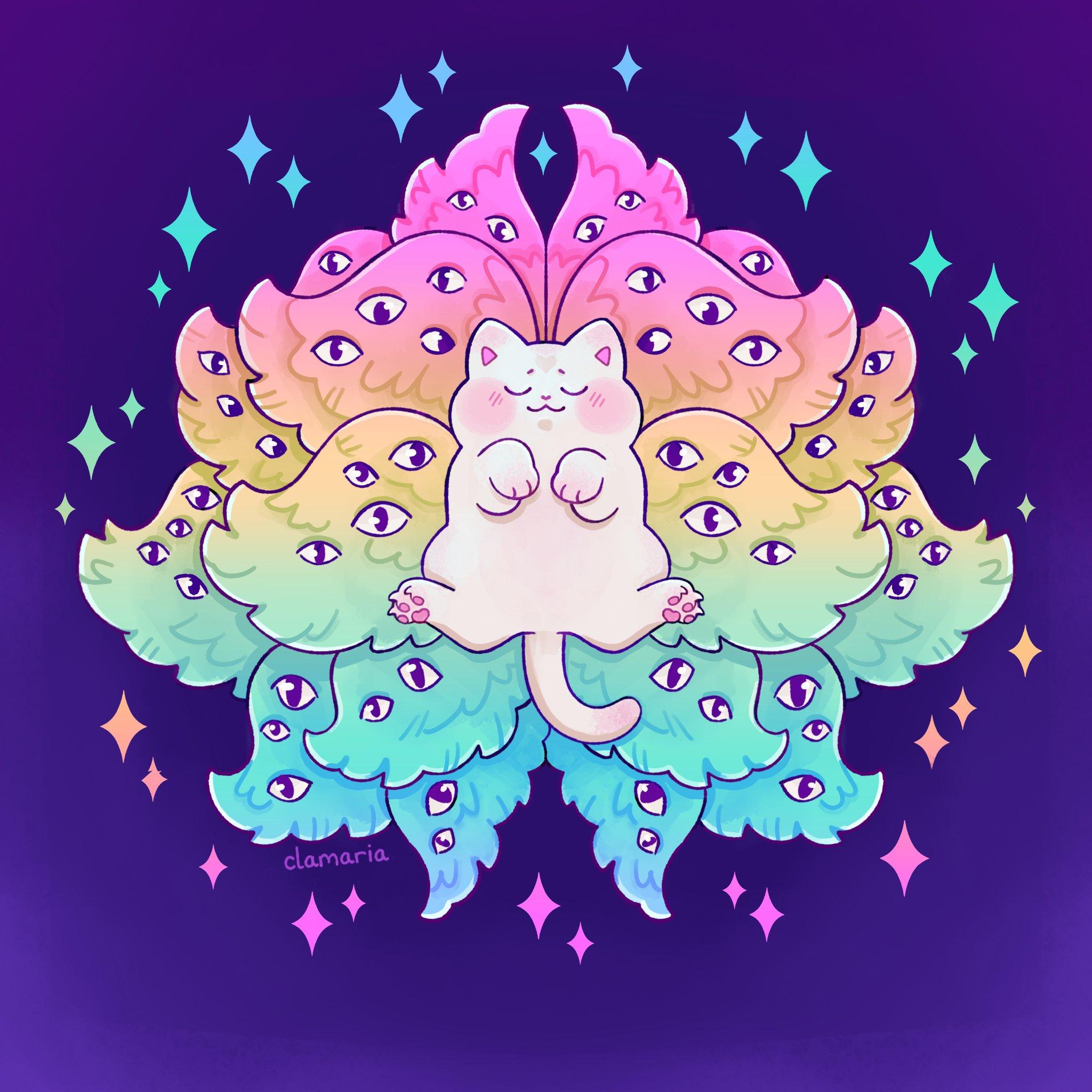 Drawing by clamaria of a biblically accurate cat floating in the air with its eyes closed... well with the eyes on its body anyway. The 50 eyes visible on its 18 rainbow wings, however, are wide open as the entire angelic entity emits rainbow sparkles.
Also, the toe beans are visible. (Can't forget about that cute detail)