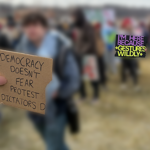 “Democracy doesn’t fear protest, dictators do” / “I’m here because *gestures wildly*”