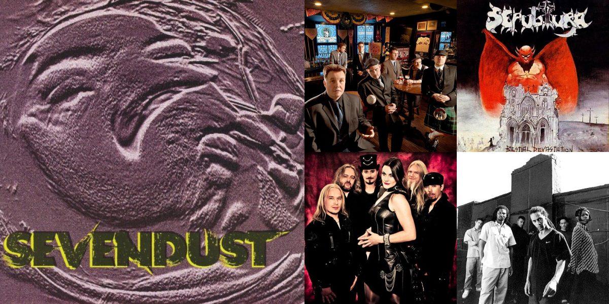 Collage of photos of the bands Sevendust, Dropkick Murphys, Sepultura, Nightwish, Roni Size & Reprazent