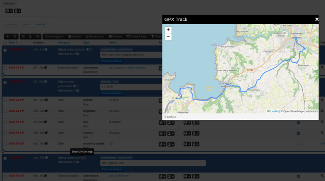 MISP now supports rich geolocation visualisation for objects containing geographic data. When enabled, geolocation objects display an interactive map icon that renders coordinates on a tile-based map.