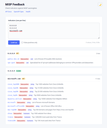 Screenshot of MISP-feedback.