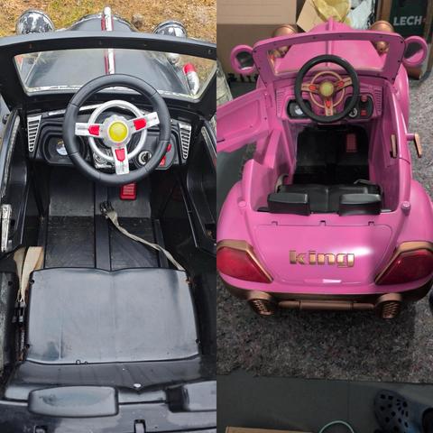 Zdjęcie porównawcze autka elektrycznego dla dzieci, pokazujące stan przed i po renowacji.