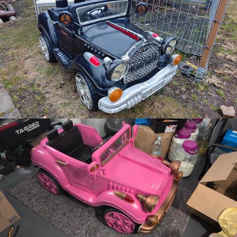 Zdjęcie porównawcze autka elektrycznego dla dzieci, pokazujące stan przed i po renowacji.