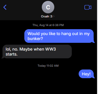 A screenshot of a chat between the sender and their crush. 

Aug 14th
Sender: Would you like to hang out in my bunker?
Crush: lol, no. Maybe when WW3 starts.

Today
Sender: Hey!