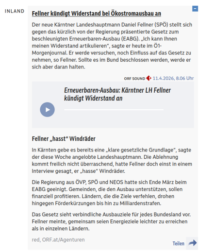 Artikel Screenshot von ORF der die Einzelmeinung des Kärtner Landeshauptmann Fellner mit "Fellner hasst Windräder" betitelt. 