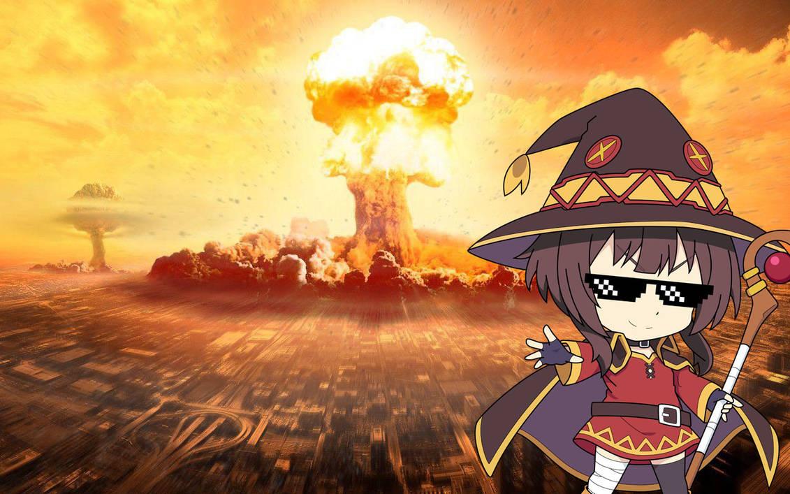chibi Megumin in the sunglasses in front of huge explosion