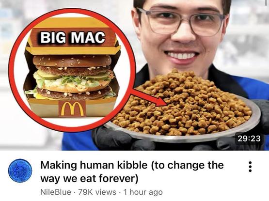 Screenshot of a recent Youtube video from NileBlue (aka NileRed) of him smiling at the camera holding up a plate of what looks like to be puppy food. Nearby is a circle with a shows a McDonald's Big Mac in an open box with an arrow pointing to the food.

The significance is that there's been a trend of young adults making what they call boy-kibble / girl-kibble to eat, abandoning any sense of food presentation for that doggy goodness.

Title of the 29 min and 23 second video is:
Making human ki…