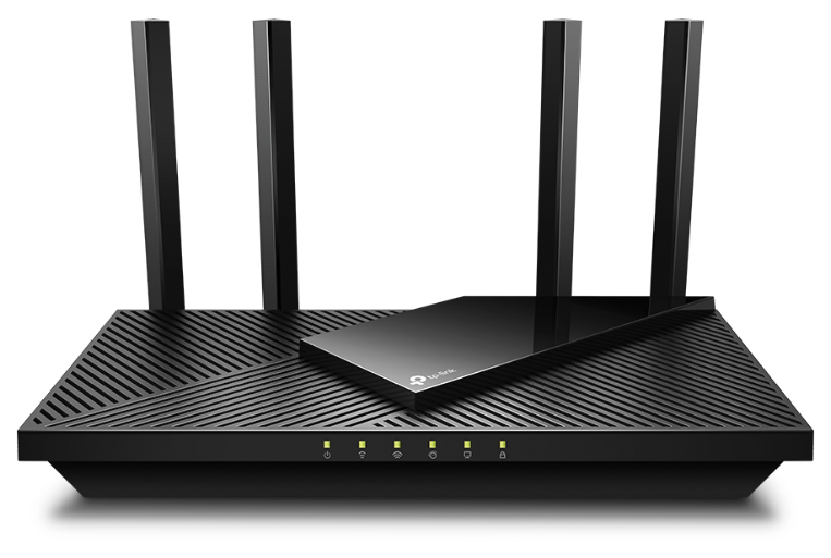 A black Archer AX21 router from TP-Link. Image: tp-link.com. Six green LEDs are lit and there are four black antennae sticking up vertically from the back.