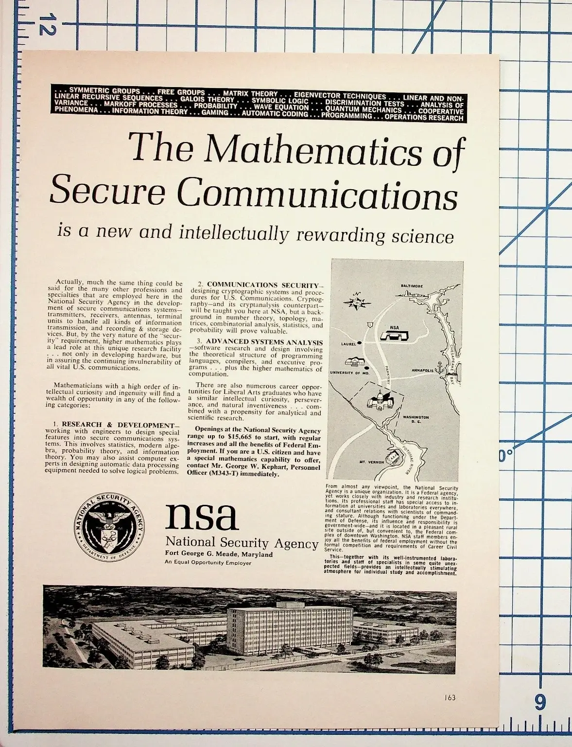 Vintage NSA recruitment print ad on cream paper, photographed on a blue gridded cutting mat with ruler marks visible (0°, 9, and 12).
A black banner across the top lists fields in white text: "SYMMETRIC GROUPS... FREE GROUPS... MATRIX THEORY... EIGENVECTOR TECHNIQUES... LINEAR AND NON-LINEAR RECURSIVE SEQUENCES... GALOIS THEORY... SYMBOLIC LOGIC... DISCRIMINATION TESTS... ANALYSIS OF VARIANCE... MARKOFF PROCESSES... PROBABILITY... WAVE EQUATION... QUANTUM MECHANICS... COOPERATIVE PHENOMENA... INFORMATION THEORY... GAMING... AUTOMATIC CODING... PROGRAMMING... OPERATIONS RESEARCH."
Large serif headline: "The Mathematics of Secure Communications" with italic subhead "is a new and intellectually rewarding science."
Body text describes NSA careers in three categories: (1) Research & Development, (2) Communications Security (cryptography and cryptanalysis), and (3) Advanced Systems Analysis. Mentions starting salaries "up to $15,665" and directs U.S. citizens to contact Mr. George W. Kephart, Personnel Officer (M343-T).
Right side has a small map showing NSA's location relative to Baltimore, Laurel, University of Maryland, Annapolis, Washington D.C., Mt. Vernon, and the Chesapeake Bay/Potomac River.
Bottom left shows the NSA Department of Defense seal beside "nsa / National Security Agency / Fort George G. Meade, Maryland / An Equal Opportunity Employer."
A black-and-white aerial illustration along the bottom depicts the NSA headquarters complex. Page "163" at lower right.