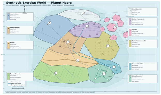 The Synthetic Exercise World Format provides fictional countries, companies, sectors, and threat actors with structured metadata for neutral CTI examples, exercises, interoperability tests, and standards documentation without referencing real-world sensitive entities. 

Geography of the SEWF.
