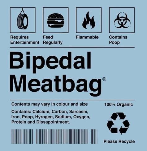 At the top, there are four small black square icons arranged horizontally. Each icon is accompanied by two lines of black text beneath it. The first icon shows a tire hanging, with the text "Requires Entertainment" below. The second icon depicts a hamburger, with "Feed Regularly" underneath. The third icon displays flames, and the text reads "Flammable". The fourth icon is the biohazard symbol, labeled "Contains Poop".

Below these icons, a thick black horizontal line separates them from the ma…