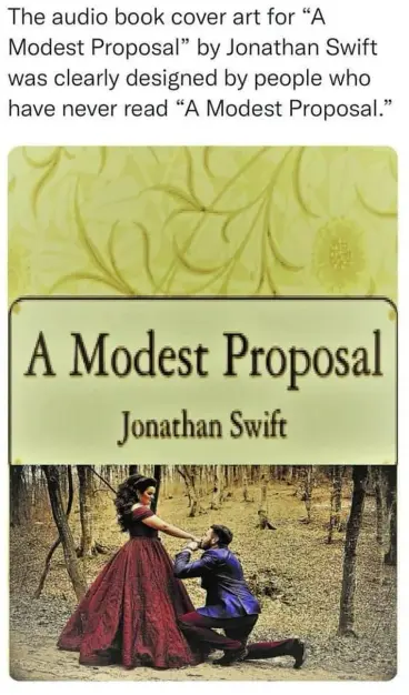 The image displays the cover art for an audiobook titled "A Modest Proposal" by Jonathan Swift, accompanied by a caption suggesting the design is incongruous with the book's content. The cover is divided into three horizontal sections.

The top section features a subtle, pale yellow background with an intricate, swirling floral or vine-like pattern in a slightly darker shade of yellow. This pattern is ornate and somewhat abstract, creating a decorative border.

The middle section is a distinct …