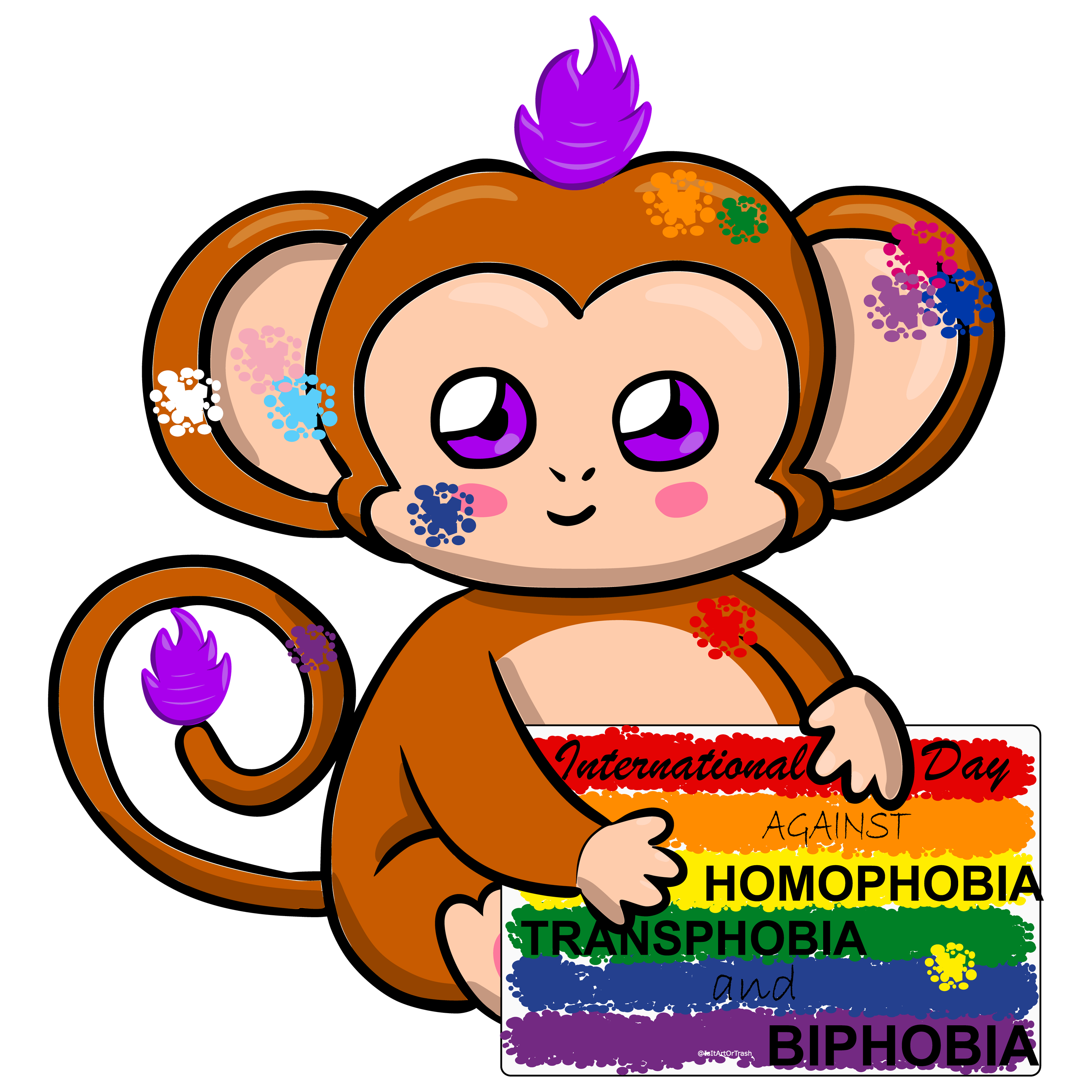 The image shows a digital drawing of the Open Security Conference mascot named Osco. They are a medium brown monkey with a purple flame on top of their head and at the tip of their tail, as well as bright, purple eyes. Osco is sitting on the ground and smiling at us with rosy cheeks while holding a sign colored as a rainbow flag that has the words "International Day Against Homophobia Transphobia and Biphobia".