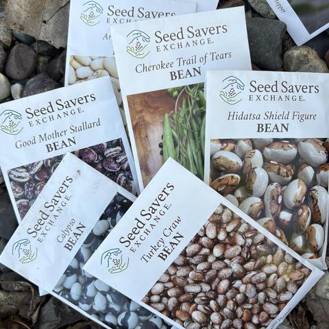 various packets of bean seeds from Seed Savers Exchange