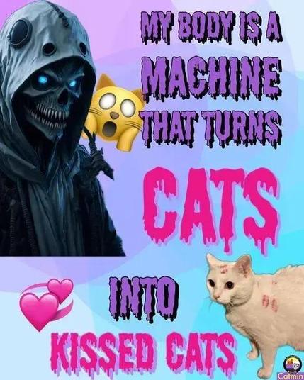 Meme of one of those "bad-ass" biker type skeletons with glowing eyes, unrealistic skull shape, and a black poncho with a cute purple and pastel blue background.

MY BODY IS A
MACHINE 
THAT TURNS 
CATS 
INTO 
KISSED CATS

At the bottom is a white cat with lipstick kisses on its fur.