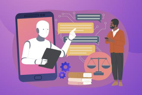 Graphic showing artificial intelligence influencing people, the justice system, literature and a representation of chatbots.