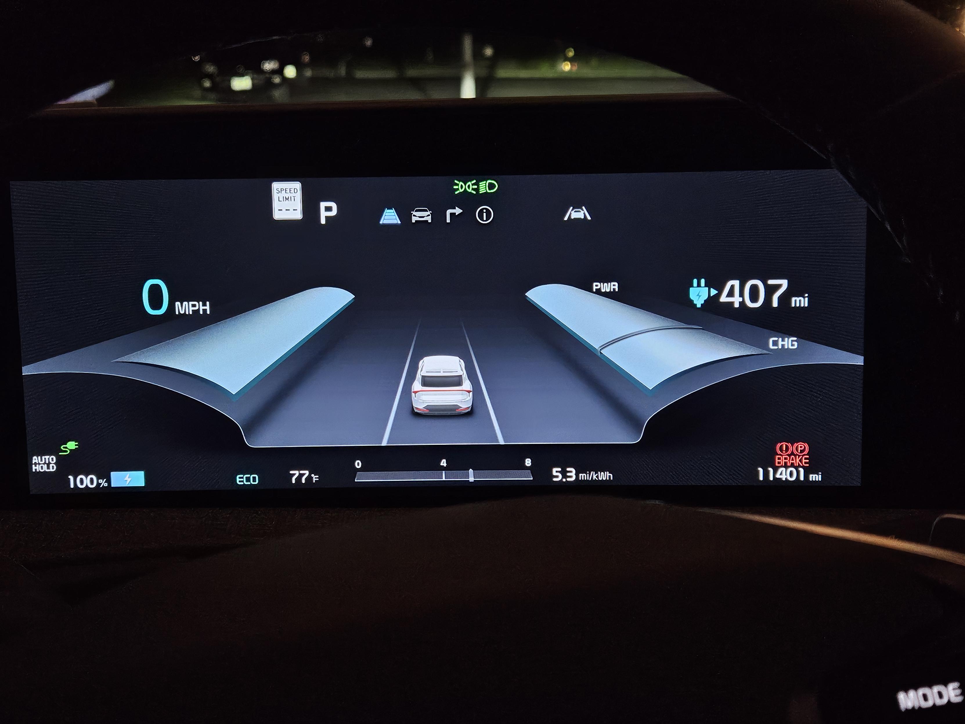 Picture of my charging results, showing an "eco" (rear wheel drive)  407 mile estimated range.