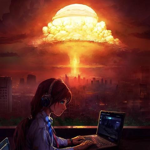 Digital drawing of someone with headphones and a laptop sitting on a rooftop while a nuclear bomb explodes in the distance
