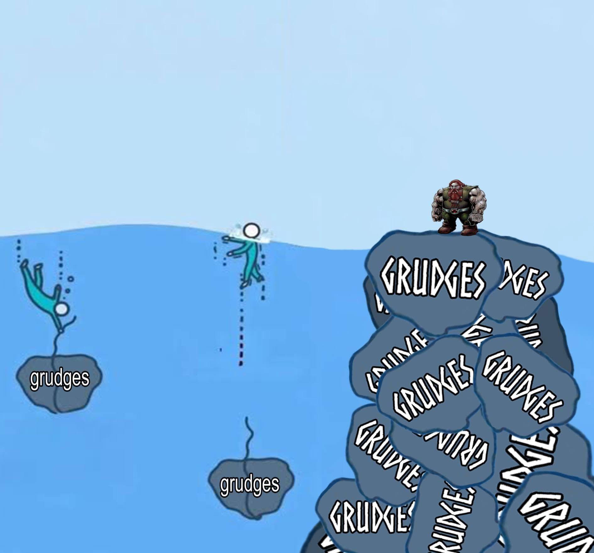 Depiction of three figures in the ocean.
One is holding on to a stone labeled "grudges" and is drowning with it.

Another figure has let go of a similar stone and is staying afloat.

A third, very muscular figure is standing atop a mountain of stones, reaching from the ocean's floor to its surface. All of the stones are labeled "grudges".