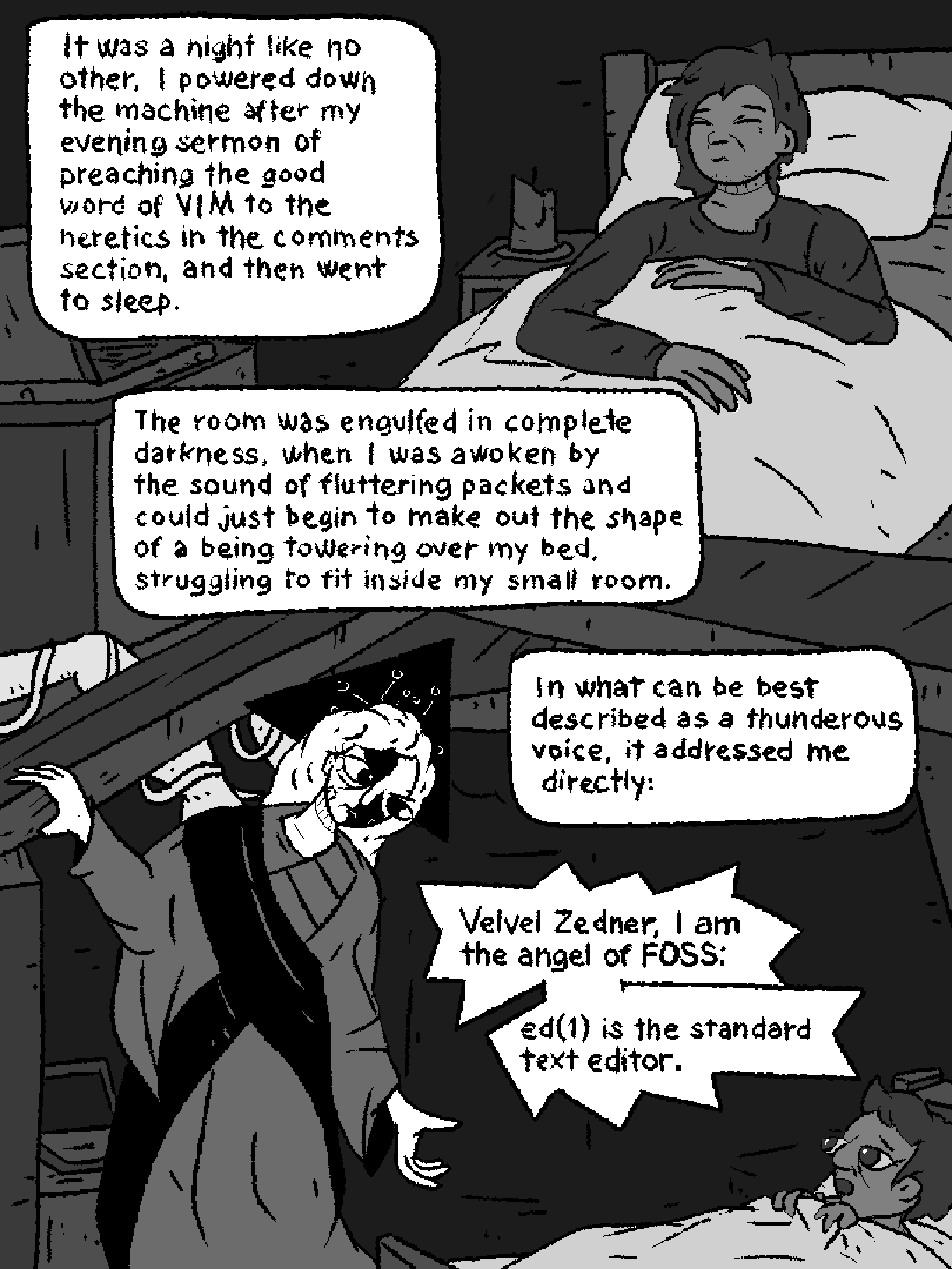 webcomic page: an eldritch being appears before a sleeping programmer to pronounce: I am the angel of FOSS; ed(1) is the standard text editor.