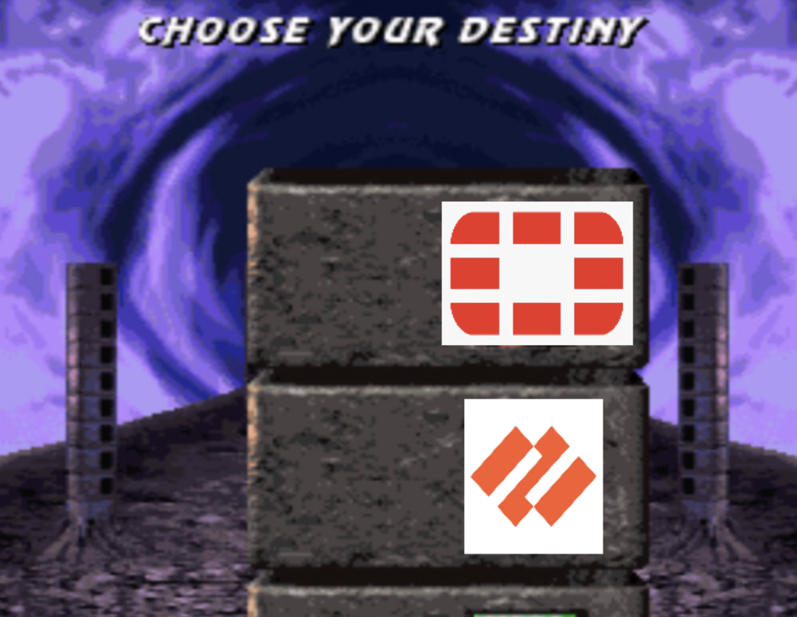 Screenshot from MK3 of the top of the Choose Your Destiny with Palo Alto and Fortinet logos