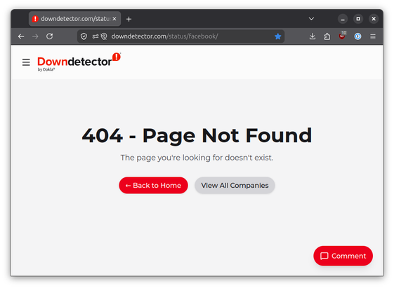 A screenshot of https://downdetector.com/status/facebook/ but it's getting a 404 error.
