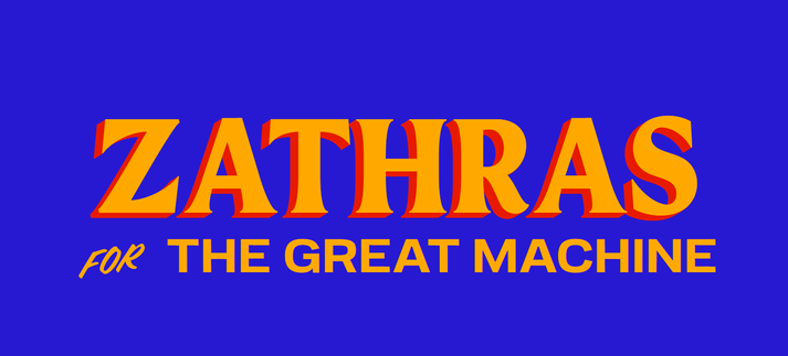 The image is a graphic design featuring bold, stylized text against a vibrant, solid royal blue background. The primary focus is the word "ZATHRAS" rendered in large, uppercase letters. These letters are a bright, warm orange with a distinct red outline, giving them a three-dimensional, embossed appearance. The shadows cast by the red outline suggest light coming from the top left.

Below "ZATHRAS," and slightly to the left, is the word "FOR" in a smaller, italicized font, also in the same oran…
