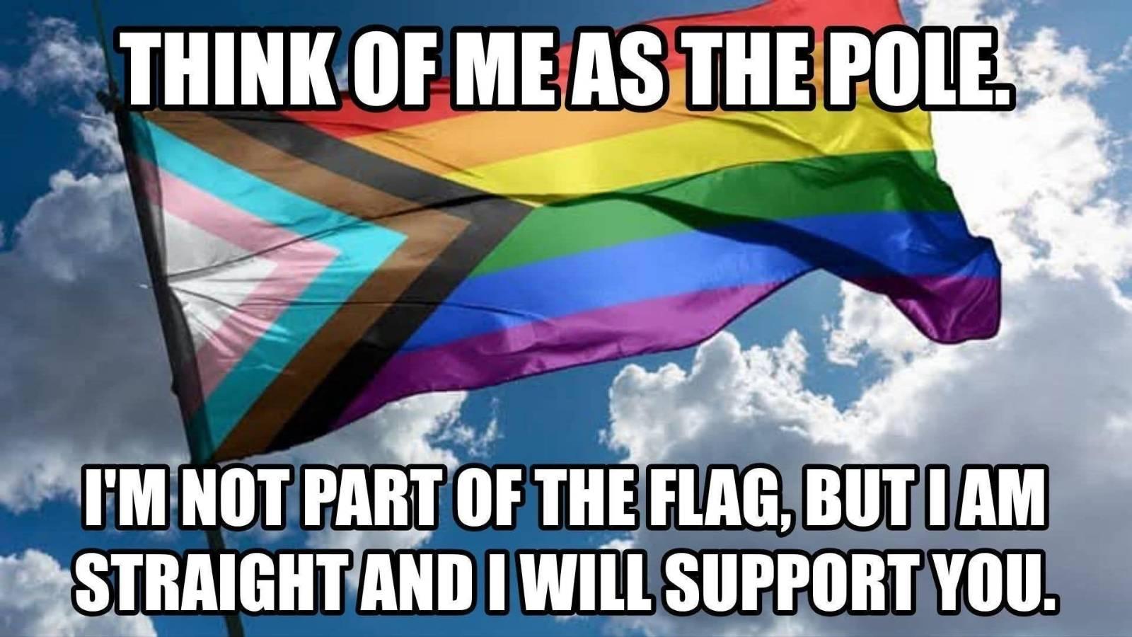 [picture of a colorful pride flag on a pole]
THINK OF ME AS THE POLE.
I'M NOT PART OF THE FLAG, BUT I AM STRAIGHT AND I WILL SUPPORT YOU.