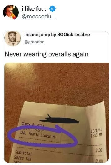 The image shows a screenshot of a social media post. At the top, there are two user profiles displayed. The first is a profile with a verified blue checkmark next to the username "i like fo..." and a small circular avatar of a person eating from a bag. The second profile, below the first, has a username "insane jump by BOOick lesabre" and a circular avatar of a man wearing a hat and overalls. The text of the post reads "Never wearing overalls again". Below the text, a receipt is partially visib…