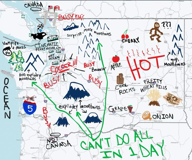 A map of Western Washington with handwritten drawings and labels. 
Peninsula and coast includes, north to south: Vampire + moss, non-explodes mountains, ocean, the 5 with the word 'the' crossed out.
Western Washington includes, from north to south: Canada with Vancouver circled, the peace arch, 'Busy eh?', surprise, more mountains, cinematic ferry moments, not ocean, SOCCER - busy, exploded mountains, and Vancouver WA circled and labelled 'Not Canada'. This is all pointed to with 'Can't do all in 1 day'.
Eastern Washington includes, from north to south: cherry, Sasquatch portrait next to question marks, mountains, apple, cool rocks, pretty wheat hills, grape, onion, and 'go cougs'
