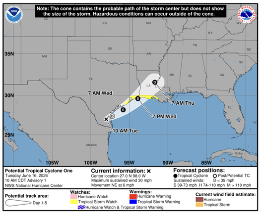 Potential Tropical Cyclone One Discussion Number   1
NWS National Hurricane Center Miami FL       AL012026
1000 AM CDT Tue Jun 16 2026

The disturbance (AL90) that we have been tracking for several days across the southern Gulf of America into northeastern Mexico has moved into southern Texas.  While the system is producing plentiful convection, it still lacks a well-defined center. However, most of the guidance suggest that it will move offshore tonight, and winds will increase to tropical-sto…