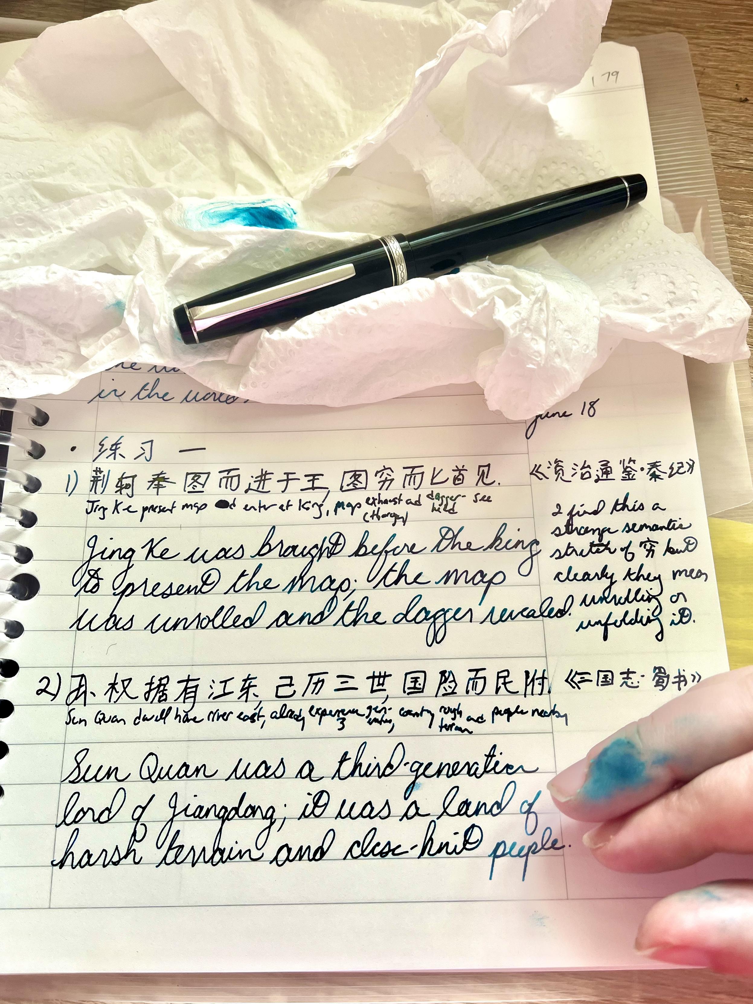 Sheet of my Classical Chinese notes with ink blorped and smudged on the page and on my hands; the offending pen lies cozily in a paper towel stained with ink.