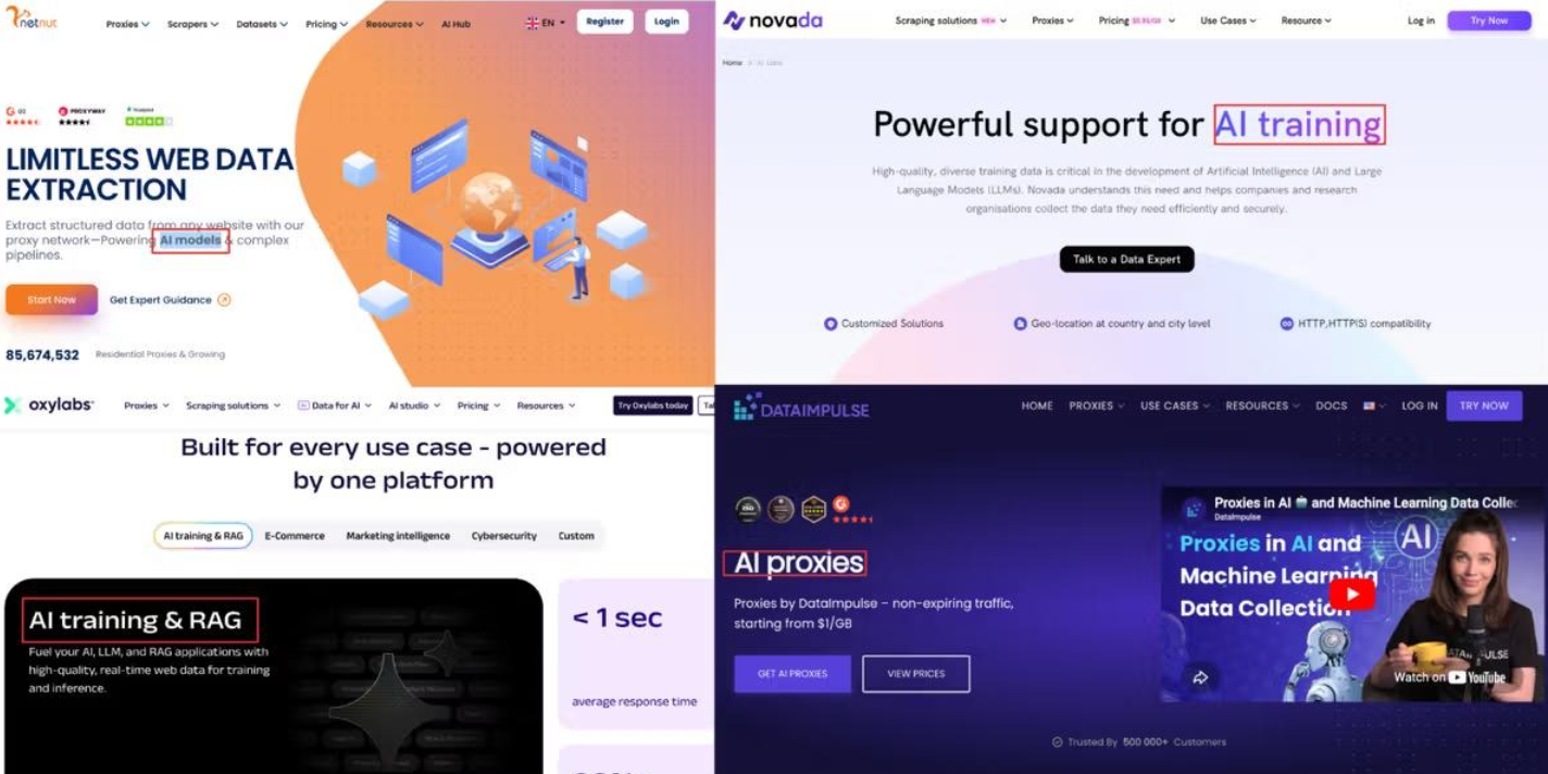 A quad montage of four homepages for different residential proxy providers, including NetNut, Novada, and Data Impulse. They all pitch themselves as AI-adjacent, with slogans like "limitless web data extraction", "AI training & RAG," "Powerful support for AI training," and "AI proxies."