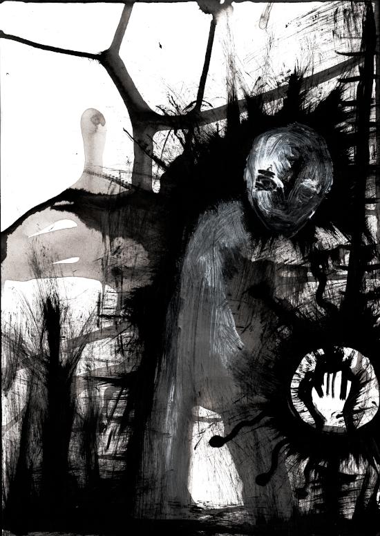 A person stands on the right in the shadow of a structure; one of their eyes sees further, beholding visions. To the left, in the distance, a figure?
