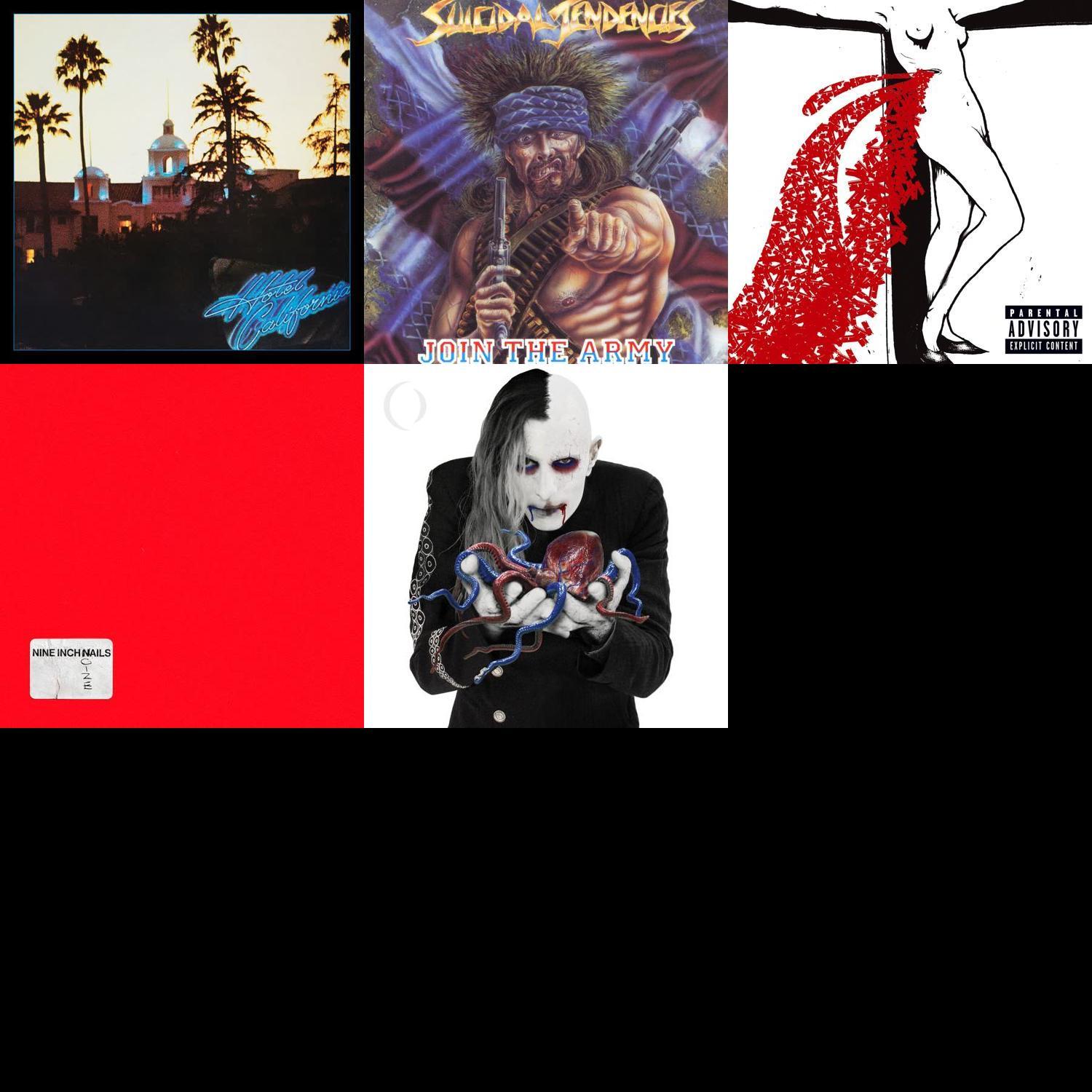 A square grid of photos of bands read from left to to right, top to bottom, Eagles - Hotel California, Suicidal Tendencies - Join The Army, The Distillers - Coral Fang, Nine Inch Nails - Nine Inch Noize (Nine Inch Noize Version), A Perfect Circle - Eat the Elephant