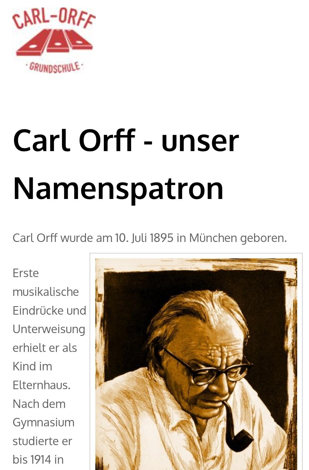 Carl Orff Grundschule about page with a picture of him, and text omitting his NS role.
