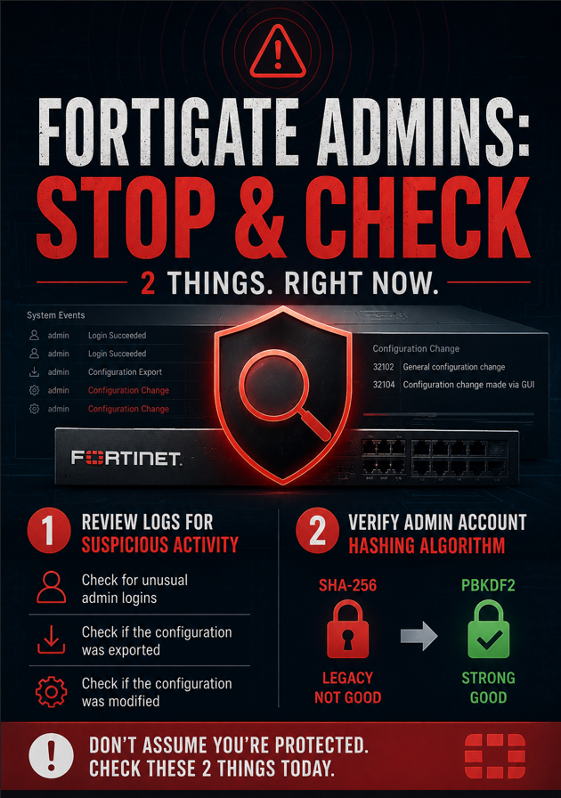 FortiBleed image with two actions and specifics of how/where to review logs and to check password hashes