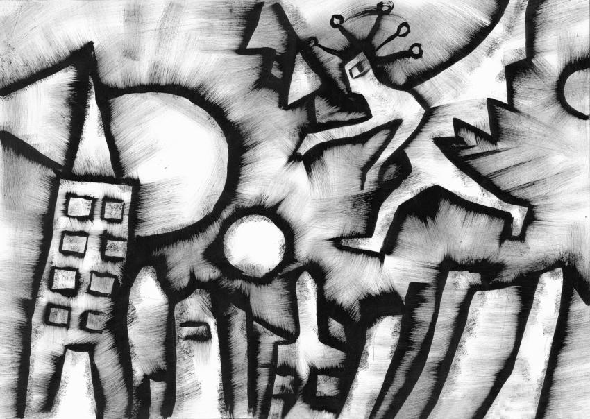 Black ink on white paper. On the left, a tall building with a pointed roof; next to it, in the distance, the silhouette of a city. A large sun—partially obscured by the pointed roof—appears alongside two other planets. In the sky above the city, there is an angelic figure with wings and a radiant crown; the figure appears to be guiding the celestial bodies.