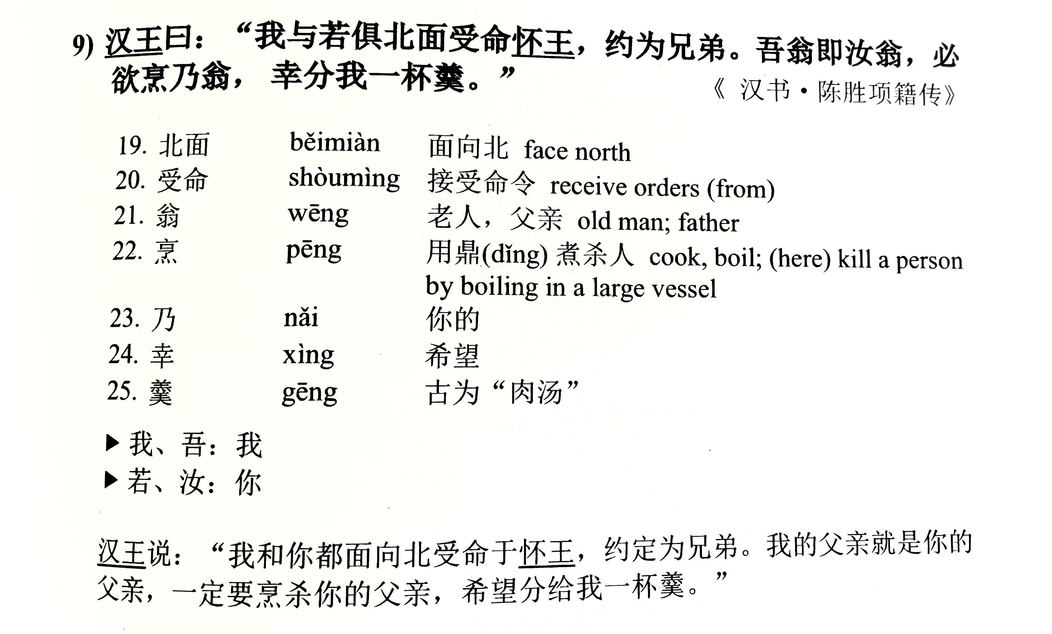 Excerpt from a Classical Chinese textbook that is mostly in Chinese with some vocabulary glossed in English