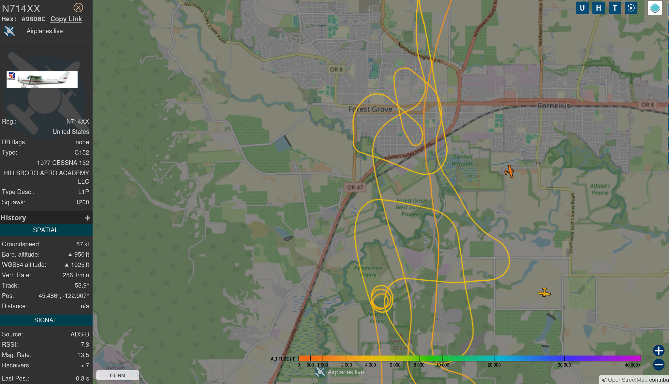 N714XX
United States
DB flags:
none
Type: C152
1977 CESSNA 152
HILLSBORO AERO ACADEMY LLC
Type Desc.: L1P
Squawk:
1200 

Flying recklessly over a residential neighborhood, Hillsboro Aero Academy pilots are in violation of our noise ordinances.