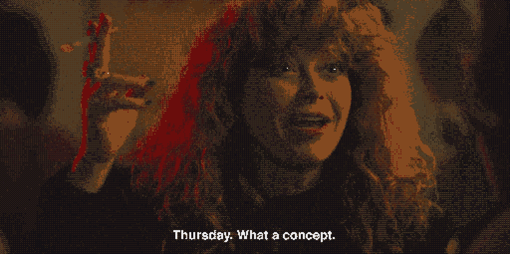 Natasha Lyonne in Russian Doll, holding a cigarette and looking off into the distance with a wondrous look on her face. It is captioned "Thursday. What a concept.", and has been dithered down to 16 colors.