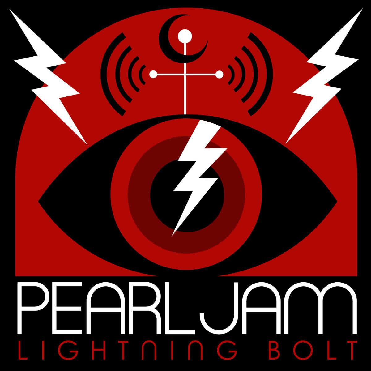 Cover of Pearl Jam album Lightning Bolt, stylised black eye with red iris, in a red arch with thre white lightning bolts around and a white cross above with black crecsent moon over