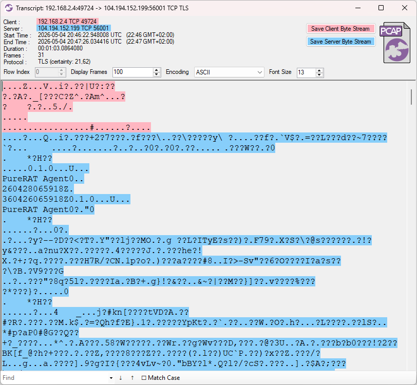 PureRAT traffic to 104.194.152.199:56001 using a self-signed certificate with CN = PureRAT Agent