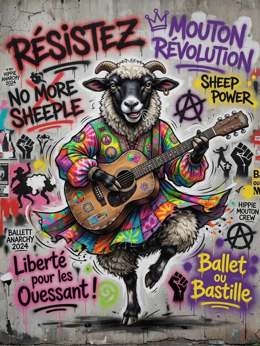 Farbenfrohes graffiti mit einem Gitarre spielenden schwarzen Schaf und französischen Politsprüchen