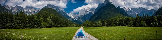 A scenic alpine valley with a winding path leading through green meadows and pine forests toward rugged mountain peaks, overlaid with the Sherpa Intelligence blue mountain logo at the bottom center.