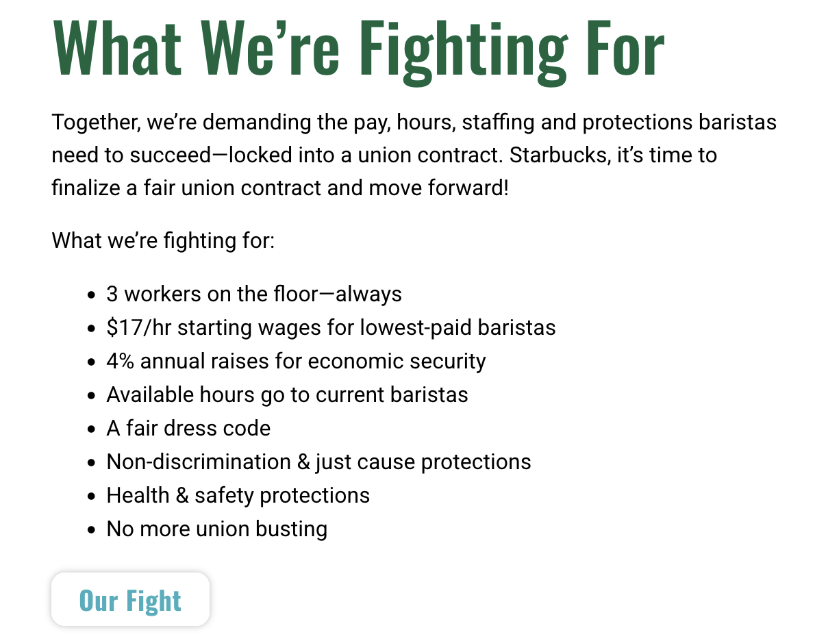 List of asks from Starbucks Workers United, from this web page: https://sbworkersunited.org/